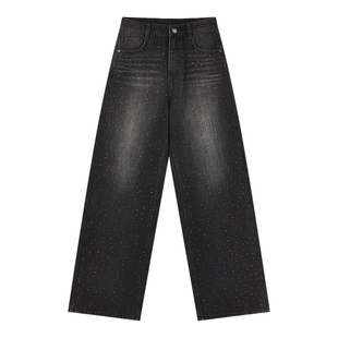 MISSCOCOON可可尼满天星直筒阔腿裤女2025冬季新款烫钻棉牛仔裤