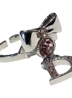 甜酷粉钻蝴蝶结开口戒指女