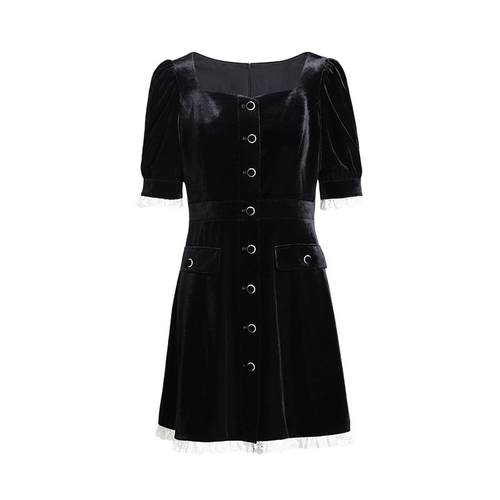 黑标系列 欧时力 丝绒短袖连衣裙秋装法式宫廷风小黑裙