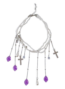 亚文化甜酷十字架流苏珍珠项链