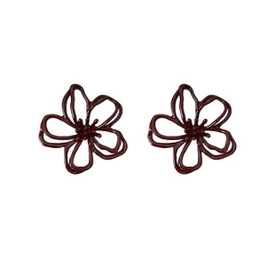 925银针红色镂空花朵耳钉耳夹女新款复古轻奢高级感耳环百搭耳饰