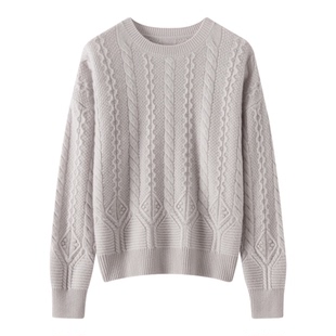 2025秋冬新款100%纯山羊绒衫女圆领加厚宽松绞花毛衣针织长袖上衣