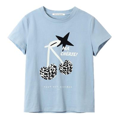 果核宇宙豹纹樱桃植绒印花短袖T