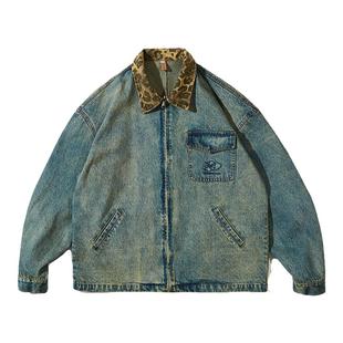 UNAPS春秋复古美式vintage豹纹翻领拼接牛仔外套高街夹克男潮上衣