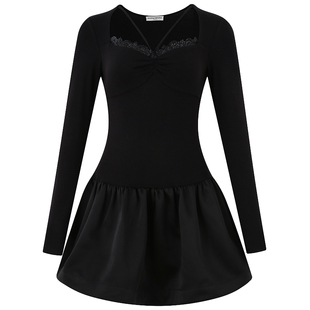 DIANAVEVINA秋冬新款黑色打底简约修身方领短款复古优雅连衣裙