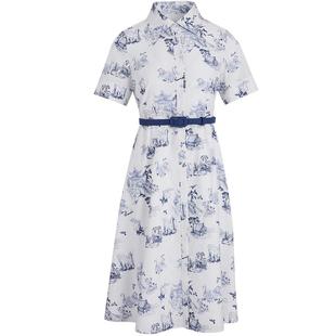 LANDI蓝地桑蚕丝白色印花短袖衬衫领连衣裙女收腰真丝裙秋新品
