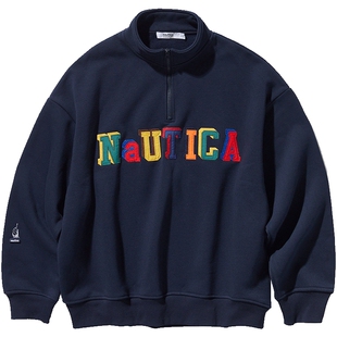 【明星同款】nautica白帆 日系中性宽松休闲logo半拉链卫衣KW3407