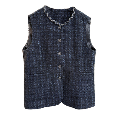 绵羊毛粗花呢钉珠圆领香式马甲