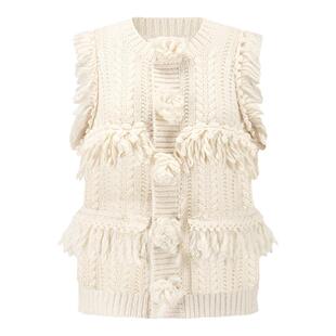 yeye by b.Fleurs新款法式复古编织流苏手工花朵圆领针织背心马甲