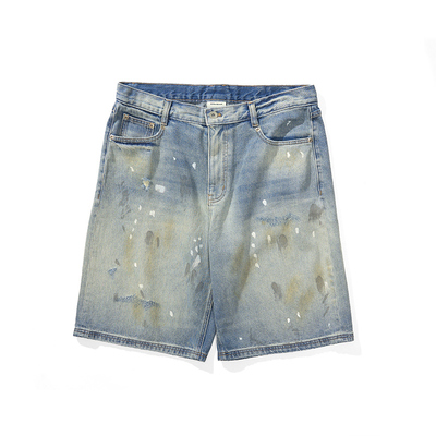 瞬时山野Monterest户外泼墨纹理破洞黄泥脏洗刺绣logo牛仔短裤男