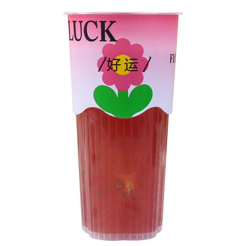 加厚好运膜内贴注塑杯网红高档一次性粉色幸运花柠檬水果茶塑料杯
