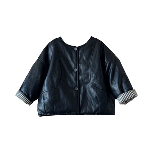 女童复古黑色拼格加厚pu皮衣冬季新品韩系儿童休闲保暖夹克外套潮