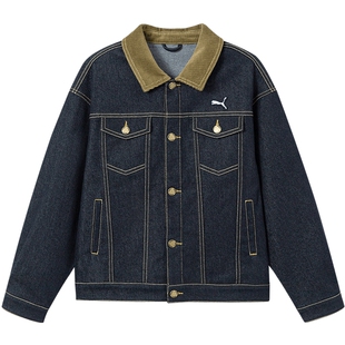 PUMA彪马童装新款牛仔外套绒面翻领拼接儿童夹克时尚耐磨牛仔衣