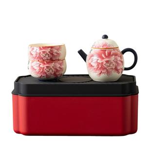 牡丹花青花岩矿白手抓壶一壶两杯功夫茶具套装复古泡茶壶茶盘套装