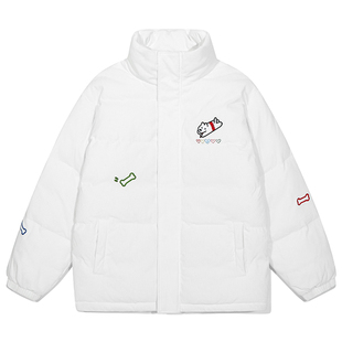 GUUKA&matsui联名小狗刺绣白色棉衣男冬季加厚灯芯绒棉服立领外套