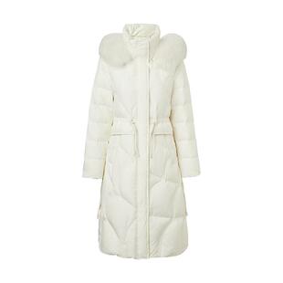 马天奴冬季新款黑色毛领连帽羽绒服收腰百搭保暖中长款气质外套女