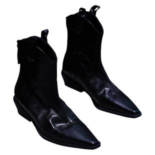 Le' Murmure 原创踝靴北美抓皱水牛皮重工艺 V口粗跟短靴靴子女春