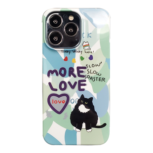 ins爱心小黑猫咪苹果15pro菲林壳iphone14手机壳13promax半包硬壳12mini小众11xsmax全包78p可爱xr软妹se3