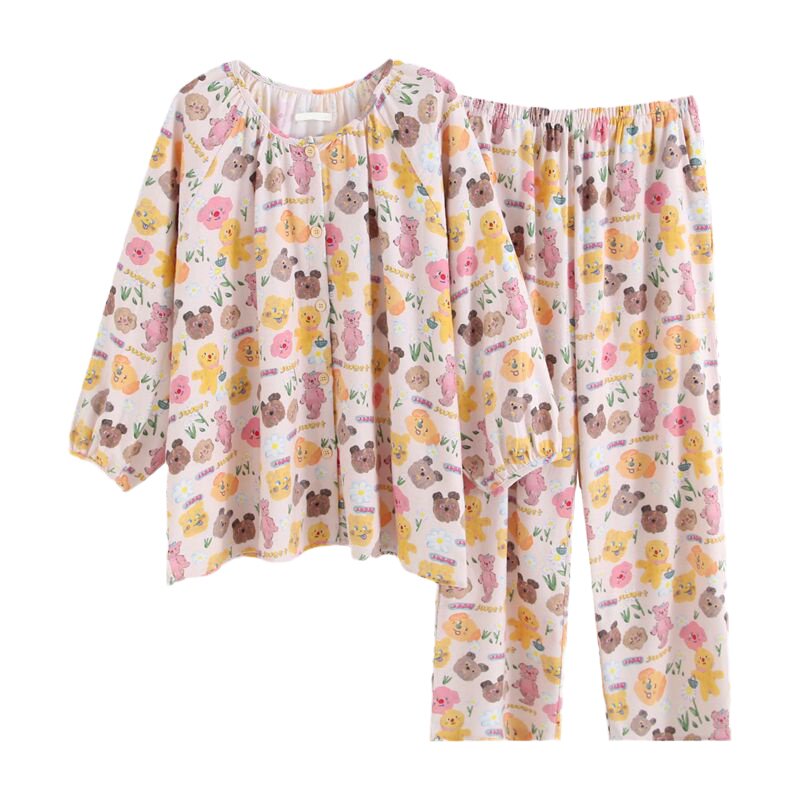 HEARMES 粉色日系睡衣女春秋款卡通可爱纯棉宽松新款月子服家居服