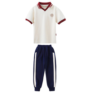 小学生校服夏季V领短袖长裤套装红色幼儿园园服纯棉儿童运动班服