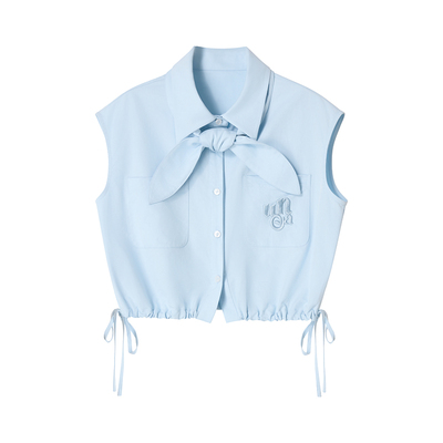 Uena蓝色下摆抽绳无袖衬衫附领带