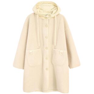 绿素棉羊羔绒皮毛一体长款外套女宽松大码连帽加绒加厚大衣胖MM冬