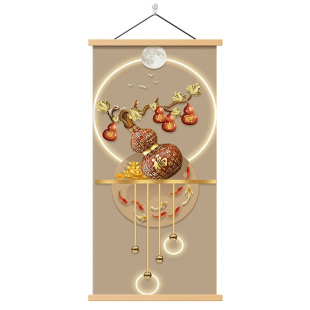 新中式五福临门玄关装饰画入户门走廊过道葫芦挂画客厅竖版壁画