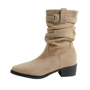 真皮~骄屿方头复古短靴2025新款西部牛仔靴粗跟皮带扣褶皱堆堆靴