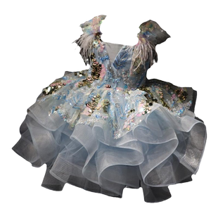 儿童蓝色短款奢华亮片儿童礼服演出服裙蓬蓬裙花童快乐阳光主持