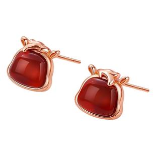 S999纯银针马年本命年红玛瑙耳钉女马上有钱生肖耳环新年红色耳饰