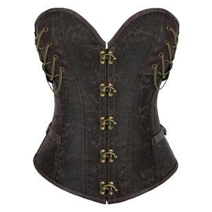 新款深棕色带链条装饰收腹背心束身衣钢骨哥特式复古宫廷塑身上衣