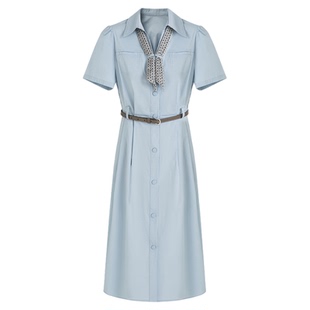 SeRinaBlue2026夏季新款法式通勤衬衫领短袖连衣裙女收腰长款裙子