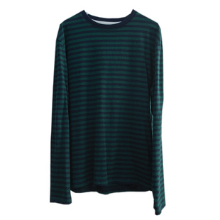 2025春夏新款百搭减龄简约宽松长袖经典条纹显瘦上衣墨绿色T恤女