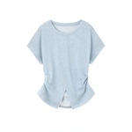 [一秒沙漏腰]XWI欣未抽褶收腰显瘦T恤女夏圆领下摆微开叉简约上衣