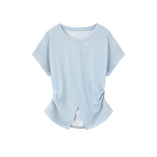 [一秒沙漏腰]XWI欣未抽褶收腰显瘦T恤女夏圆领下摆微开叉简约上衣