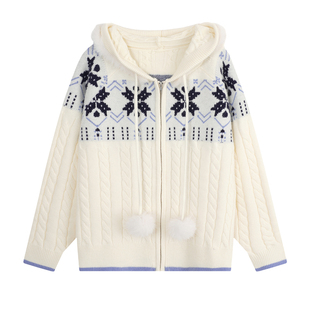 YUZI鱼子费尔岛连帽针织开衫女大码复古秋冬宽松慵懒毛衣设计感