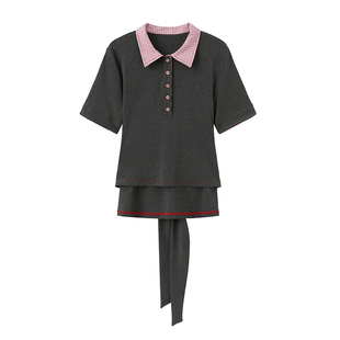 SHALL NOT UNTRUE 复古撞色拼接polo衫T恤女绑带收腰显瘦短袖上衣