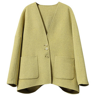 Amii摩登V领上下两穿羊毛双面呢大衣女冬季宽松落肩袖O型毛呢外套