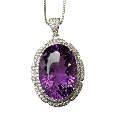 S925纯银天然乌拉圭紫水晶吊坠女椭圆形镶钻项链时尚闪亮宝石颈饰