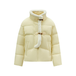 森马羽绒服女防水粉色冬季新款文艺仿兔毛毛边牛角扣面包服防风