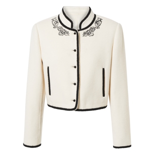 【羊毛】La Koradior拉珂蒂立领单排扣毛呢印花短上衣气质外套女