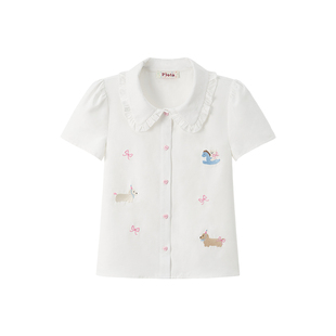 奶油的宇宙 刺绣卡通娃娃领衬衫短袖女甜妹少女风a字短裙两件套装