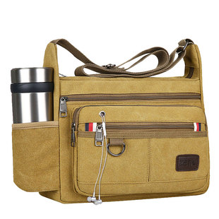 帆布包男士单肩包男款斜挂包休闲包斜包工地背包工具包装水杯挎包