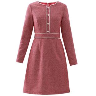 未风红色毛呢连衣裙女秋冬2025冬季新款女装过年战袍气质加厚裙子