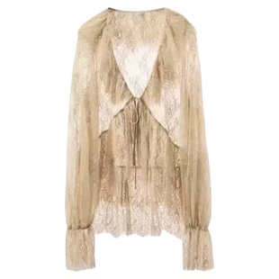 ZA外贸出口女装新款国风扎染法式蕾丝微透叠层装饰衬衫  1063137