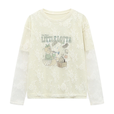 Basic House/百家好蕾丝刺绣拼接假两件T恤夏秋卡通圆领宽松上衣