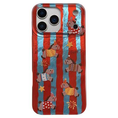 jze 新年红蓝锡纸纹彩绘卡通小马适用苹果17ProMax手机壳iphone15新款16pro女款13创意15pro全包14防摔保护套