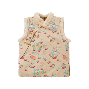 布丁哈鲁冬装女童童装洋气拜年服2025秋冬季新款儿童国风毛边马甲