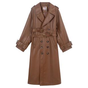 KEIKO 高级感深棕色长款皮衣大衣2026春季西装领系带长款风衣外套
