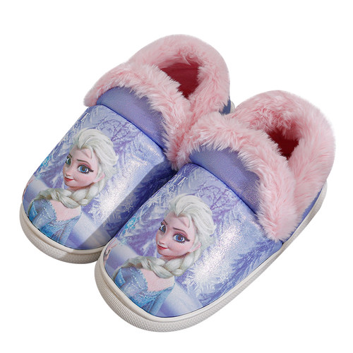 迪士尼儿童女冬季棉拖鞋卡通公主室内居家保暖包跟中大童女孩拖鞋